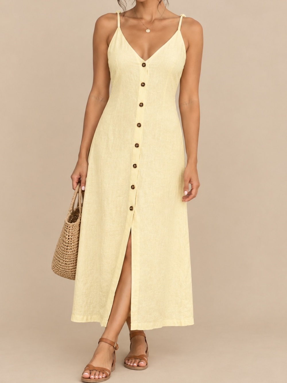Reformation Cream Yellow Linen Button Up Dress- Size XS
